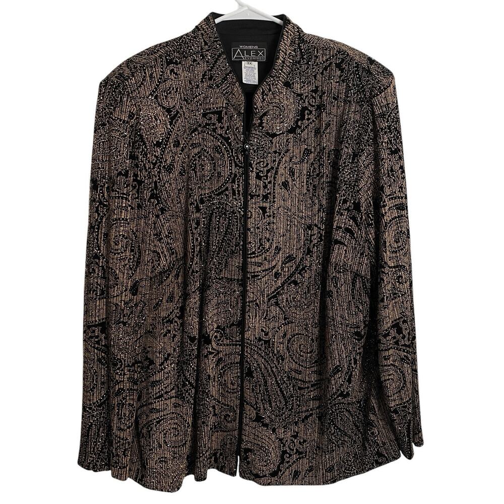 Alex Evening Collection Woman's 3X Gold Black Paisley Blazer Jacket Sparkles